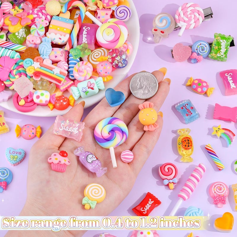 Glitzest 100PCS TINKRSTUFF Fake Candy Charms Cute Flatback Resin Charms for Slime, Random Kawaii Decoden Charm for Embellishments Phone Junk Case Charms Bulk Rainbow Bow Heart Lollipop, Scrapbooking DIY Decor - Image 2
